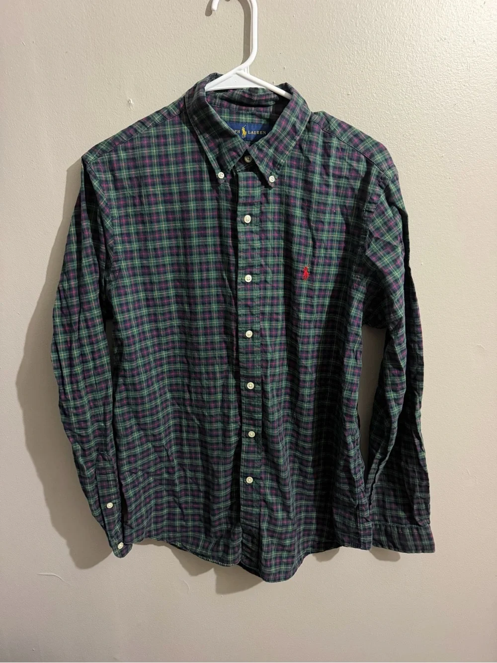Ralph Lauren Mens Medium Plaid Button Long Sleeve Woven Button Up Shirt Green